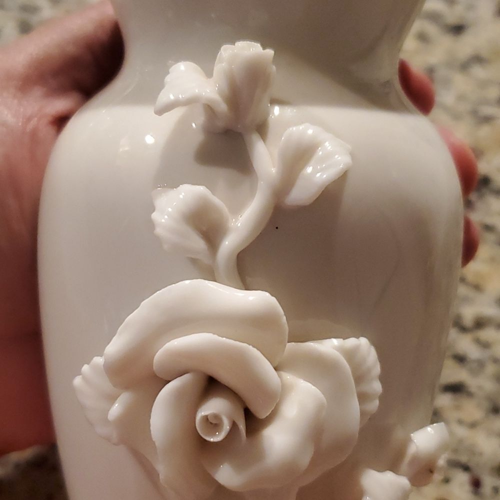 Vintage Tasia China Porcelain Vase White 3D Sculpted Rose Floral Applied Ceramic - Picture 2 of 10